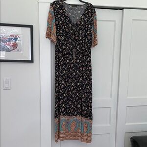 Black and Orange Casual Flutter Sleeve V-Neck Maxi Sundress